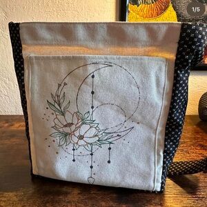 Hand-Painted Canvas Tote Bag with Floral Moon Design